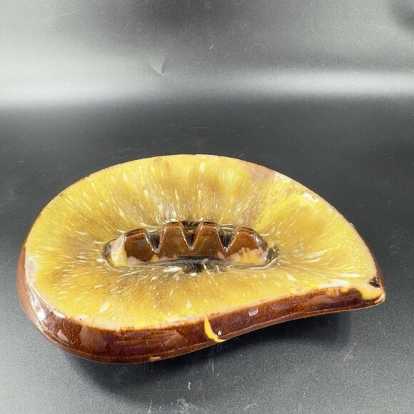 Vintage Mid Century Ceramic RedWare Pottery Ashtray Dish Brown Yellow Drip Glaze - Picture 9 of 13